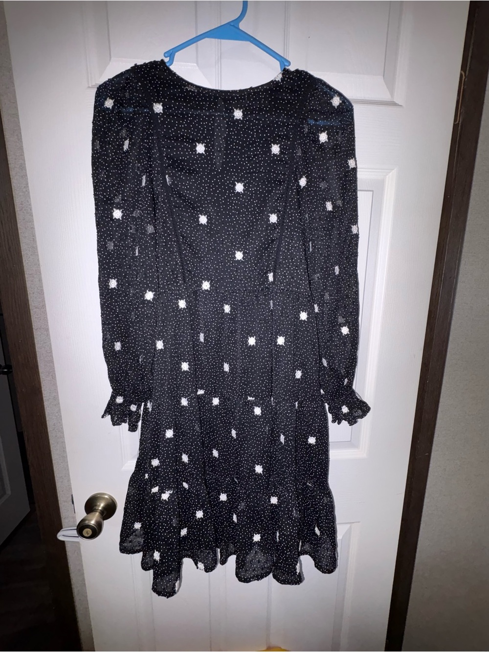 Zara Black Long-Sleeve Polka Dot Dress with White Floral Accents